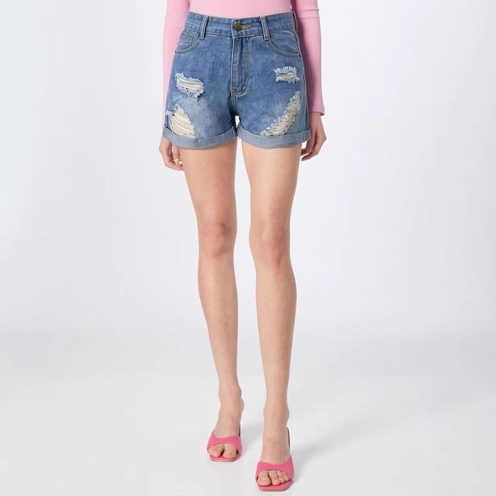Damer Destroyed Denim-shorts med hög midja och stiligt franslook Mirla-Eva Jonsson