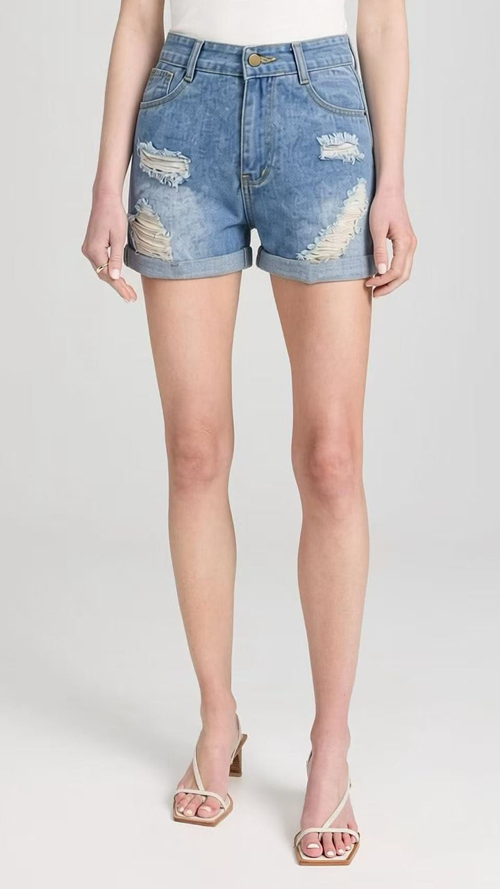 Damer Destroyed Denim-shorts med hög midja och stiligt franslook Mirla-Eva Jonsson