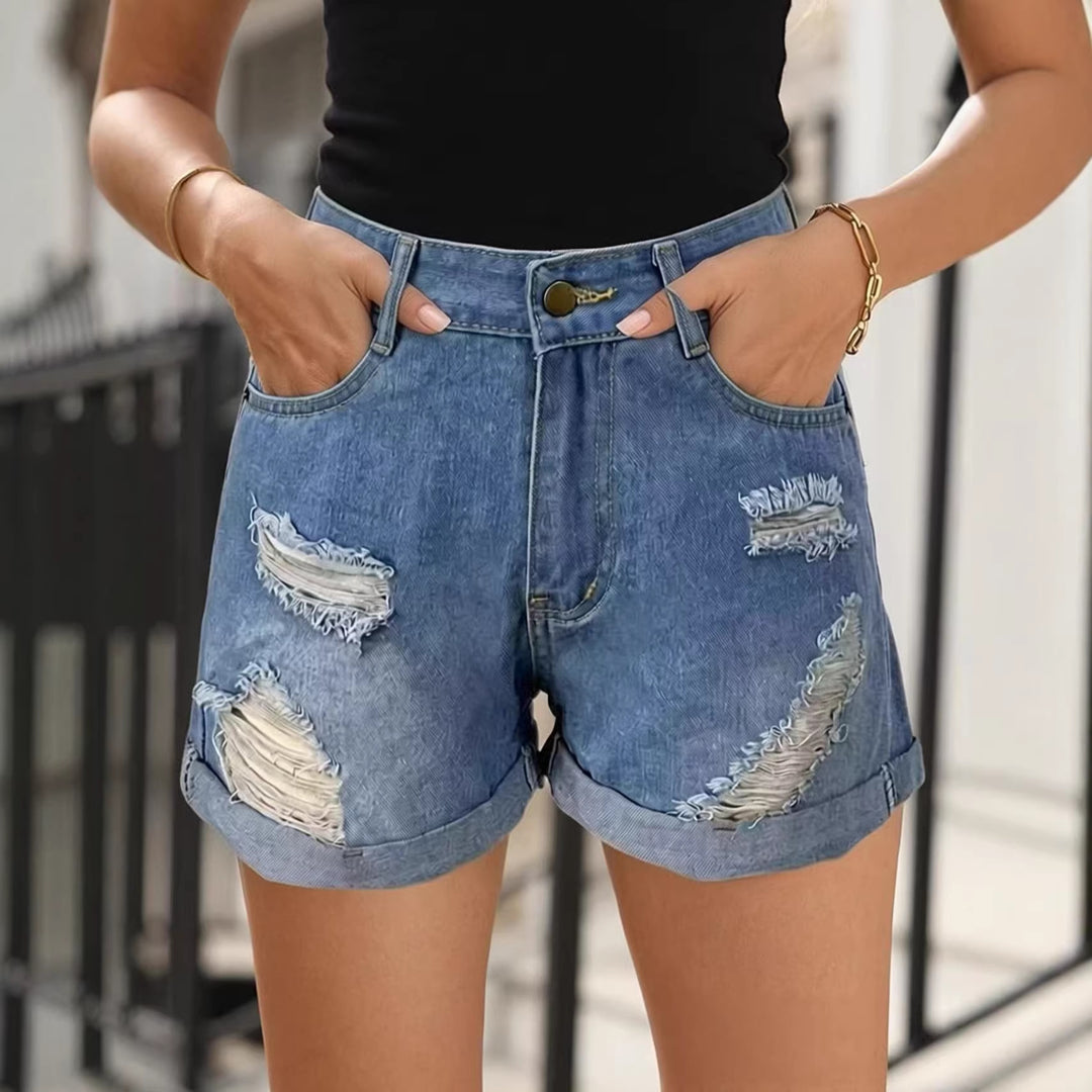 Damer Destroyed Denim-shorts med hög midja och stiligt franslook Mirla-Eva Jonsson