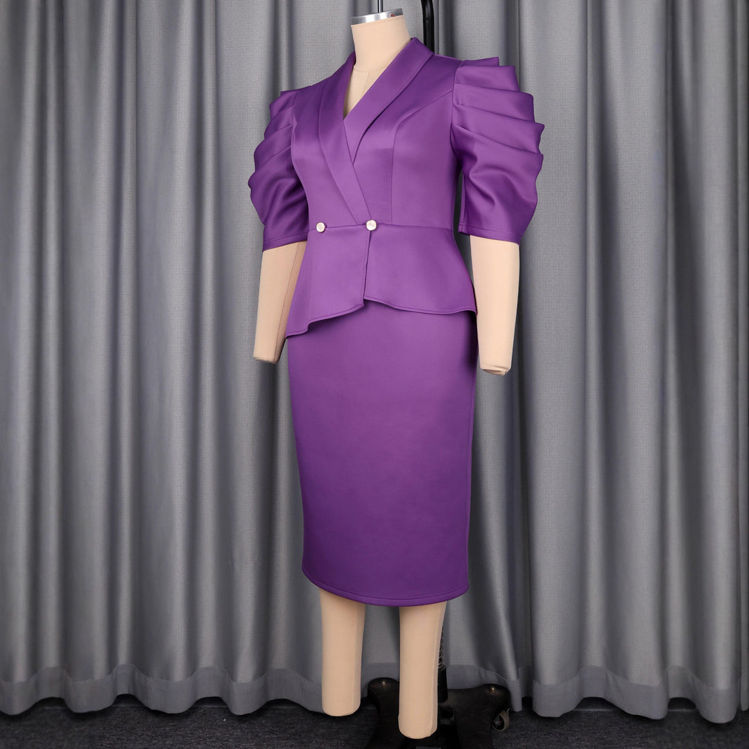 Damer Elegant Affärs-Klänning med stilfullt Wickeldesign och Puffärmar Mirla-Eva Jonsson