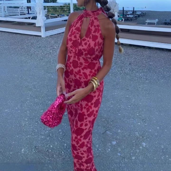 Damer Elegant Aftonklänning med Raffinerad Halsringning och Blommönster Mirla-Eva Jonsson