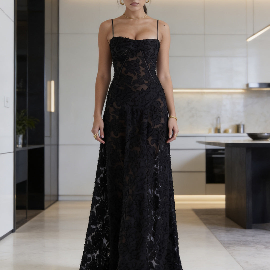 Damer Elegant Aftonklänning med blommig överdel och smala spaghetti-axelband Mirla-Eva Jonsson