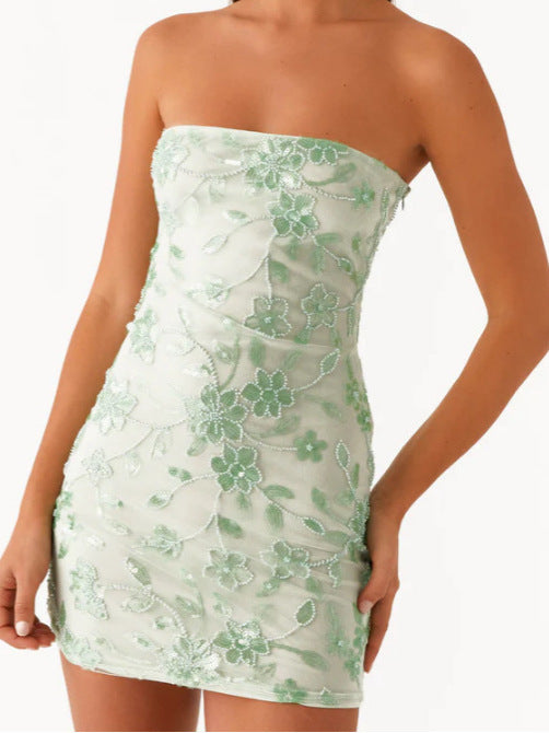 Damer Elegant Bandeau Miniklänning med blommig paljettdesign Mirla-Eva Jonsson