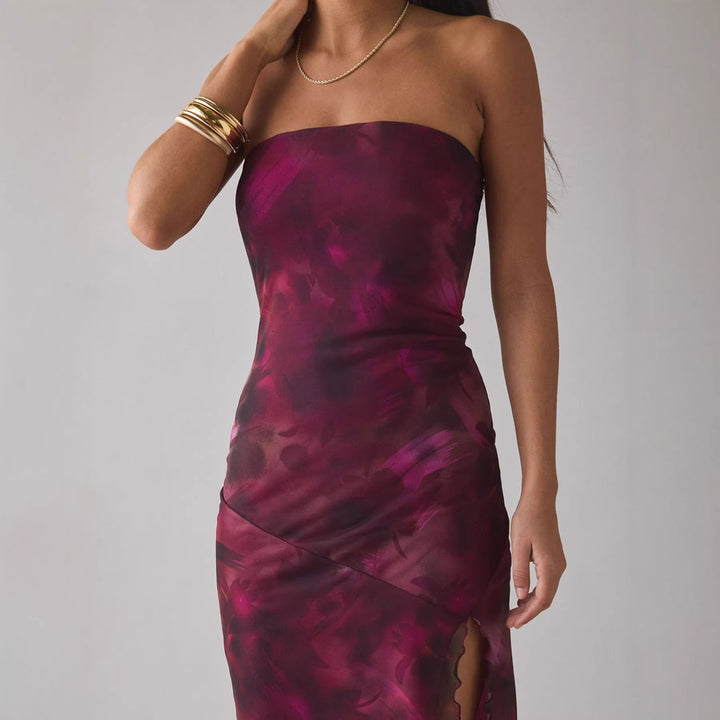 Damer Elegant Bandeau-klänning med blommönster och asymmetrisk skärning Mirla-Eva Jonsson