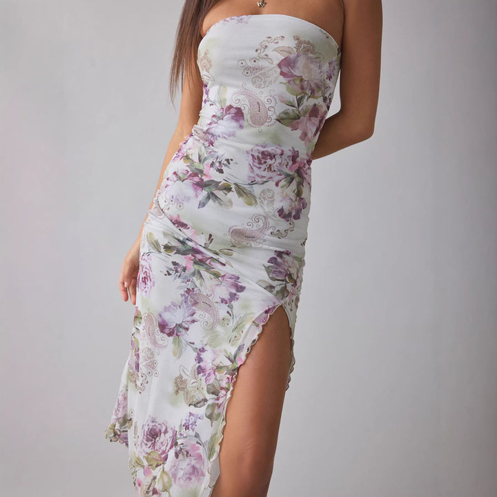 Damer Elegant Bandeau-klänning med blommönster och asymmetrisk skärning Mirla-Eva Jonsson