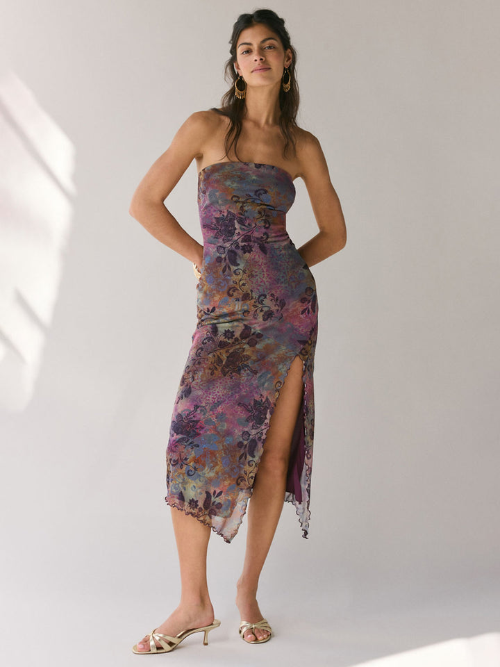 Damer Elegant Bandeau-klänning med blommönster och asymmetrisk skärning Mirla-Eva Jonsson