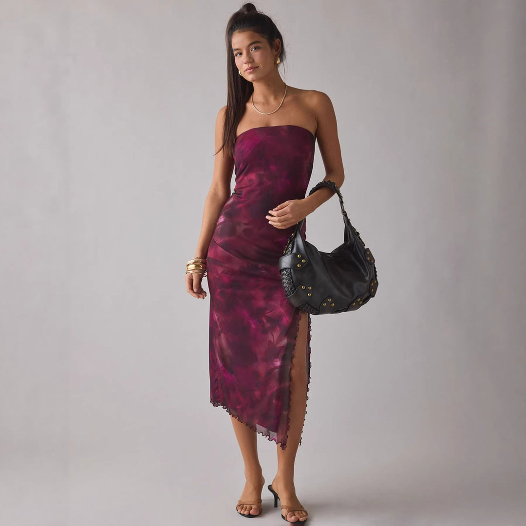 Damer Elegant Bandeau-klänning med blommönster och asymmetrisk skärning Mirla-Eva Jonsson