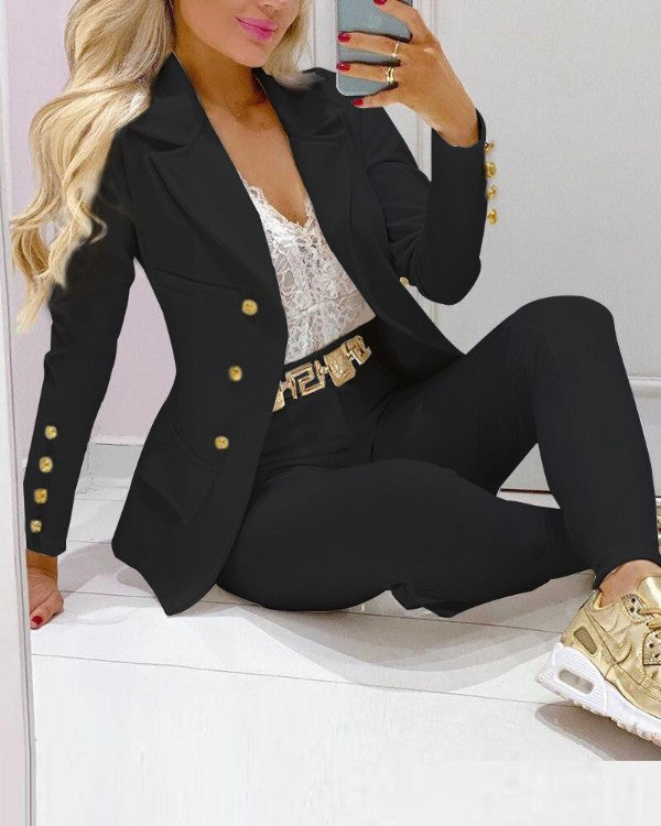 Damer Elegant Blazer-set med dekorativa knappar och figurnära passform Eva Jonsson-Eva Jonsson