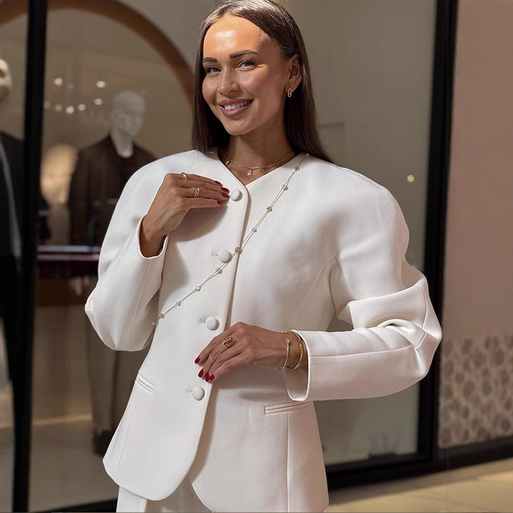 Damer Elegant Blazerjacka med trendiga puffärmar och dekorativ knappdesign Eva Jonsson-Eva Jonsson