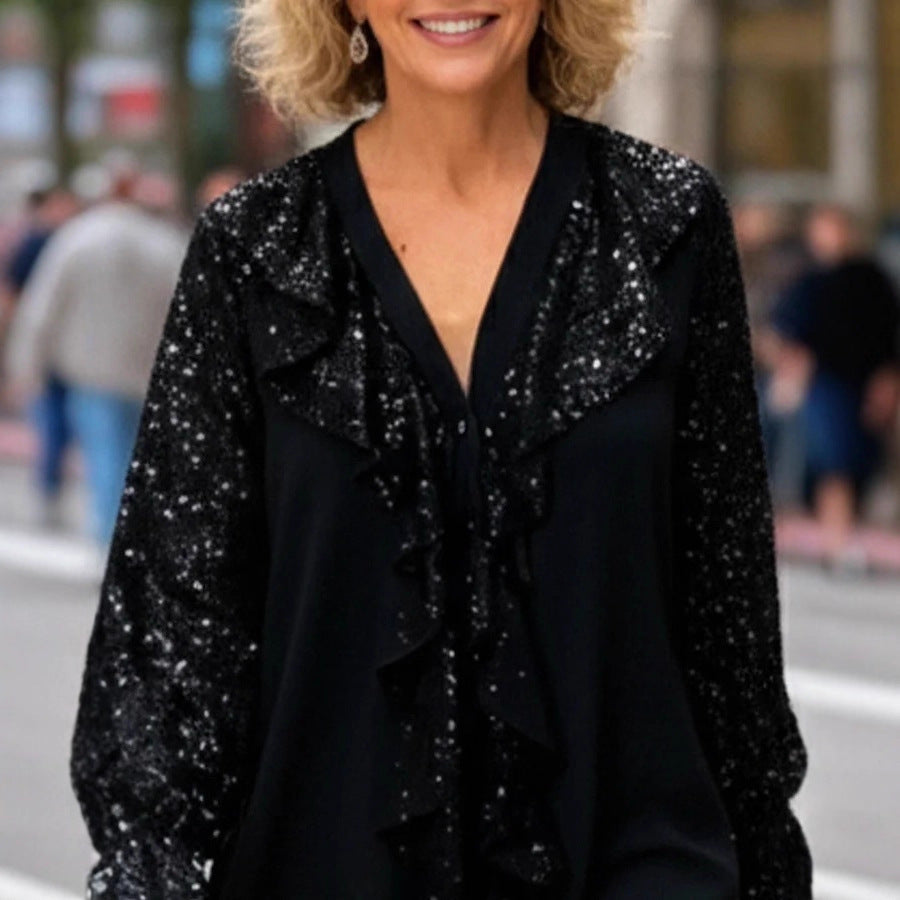 Damer Elegant Blus med Glittrande Accenter och Volangdetaljer Mirla-Eva Jonsson