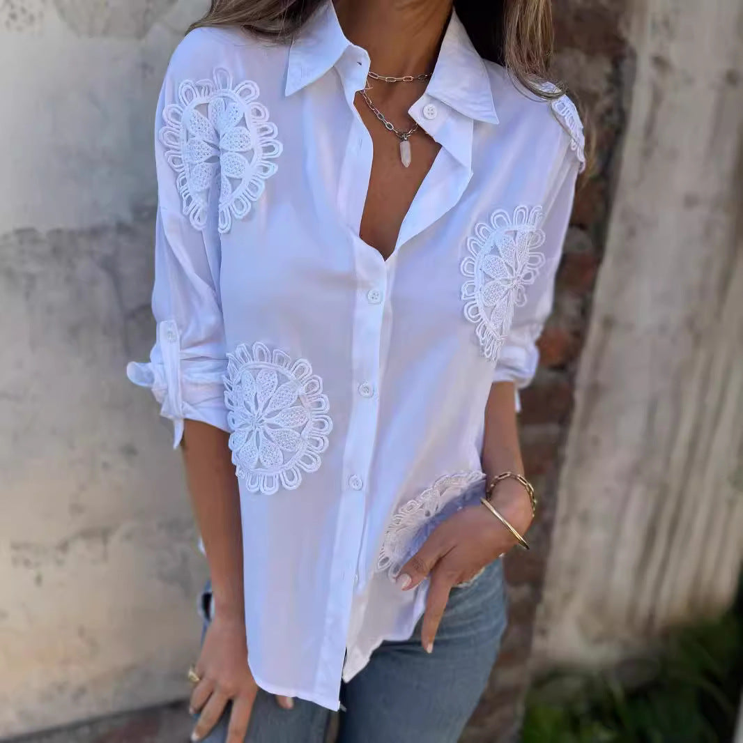 Damer Elegant Blus med Konstnärliga Spetsapplikationer Mirla-Eva Jonsson