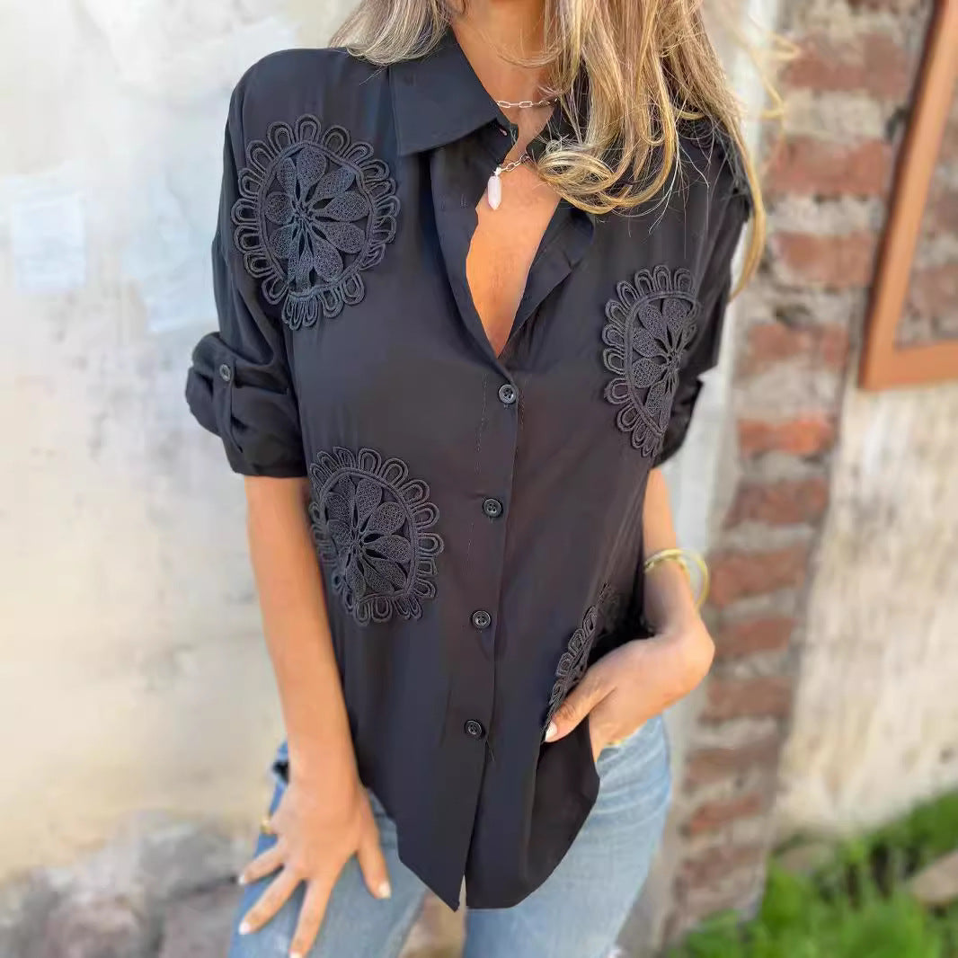 Damer Elegant Blus med Konstnärliga Spetsapplikationer Mirla-Eva Jonsson