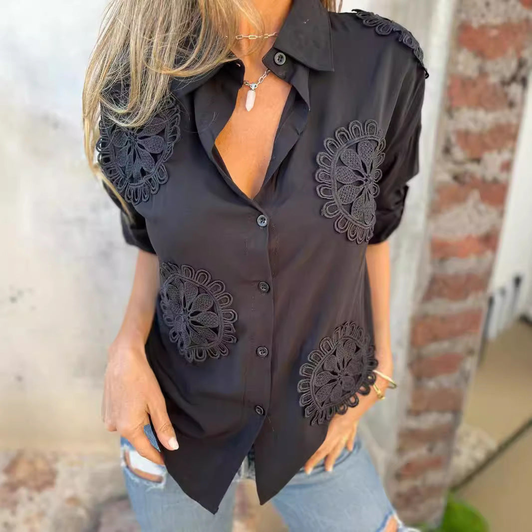 Damer Elegant Blus med Konstnärliga Spetsapplikationer Mirla-Eva Jonsson