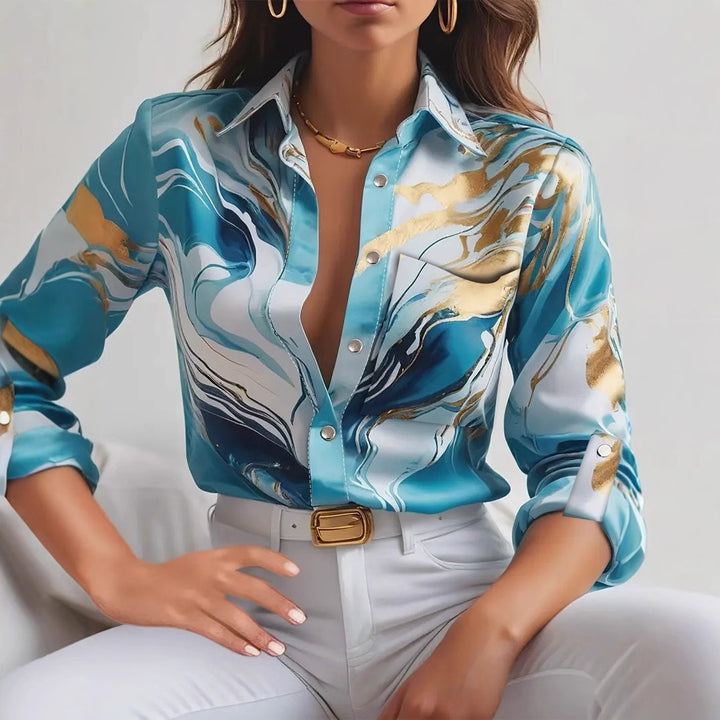 Damer Elegant Blus med Marmorerad Design och Fin Bomullstyg Mirla-Eva Jonsson