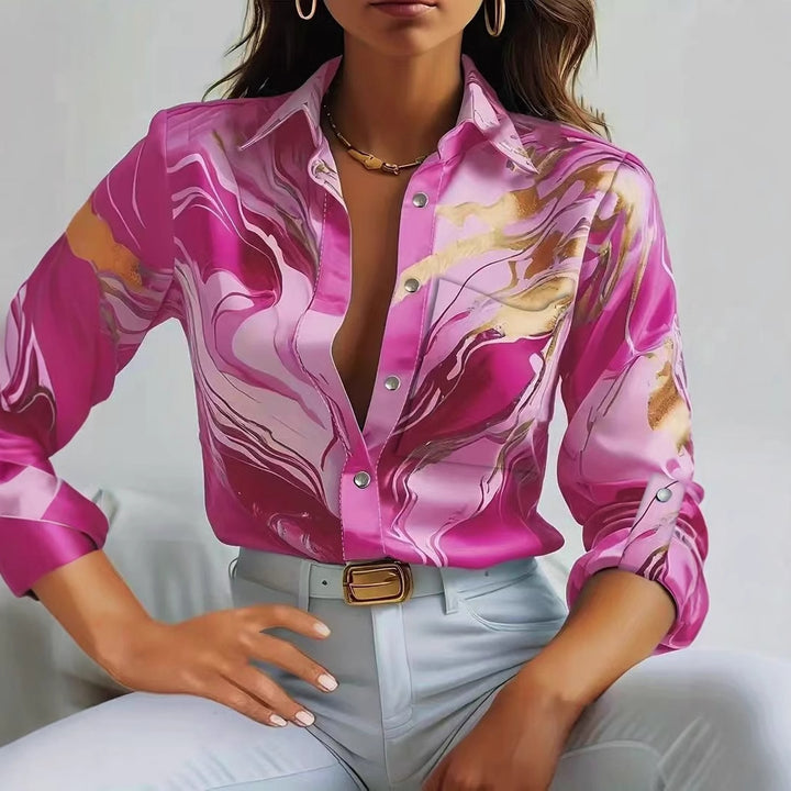 Damer Elegant Blus med Marmorerad Design och Fin Bomullstyg Mirla-Eva Jonsson
