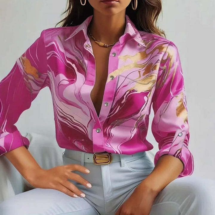 Damer Elegant Blus med Marmorerad Design och Fin Bomullstyg Mirla-Eva Jonsson