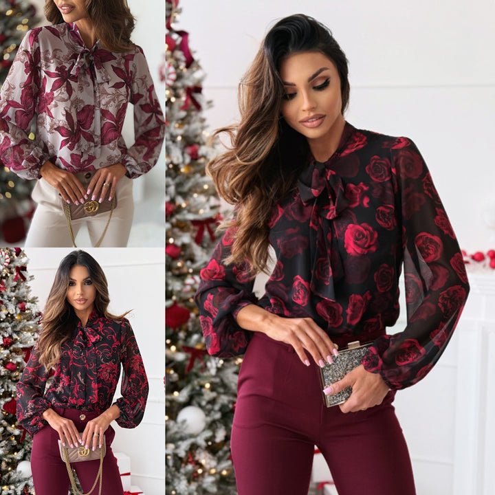 Damer Elegant Blus med Slipskrage och Blommönster Mirla-Eva Jonsson