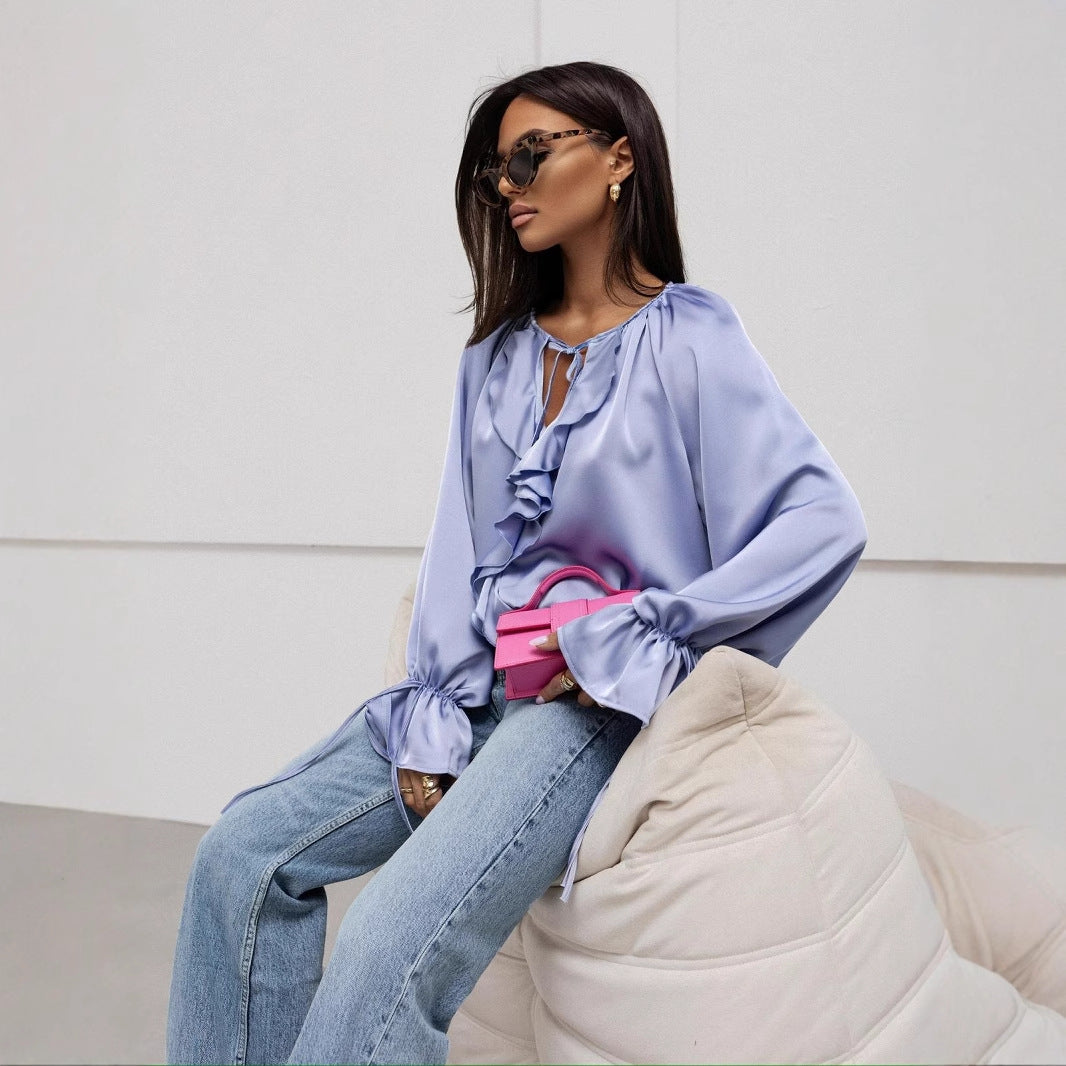 Damer Elegant Blus med Volangdetaljer och Fint Ärm Mirla-Eva Jonsson