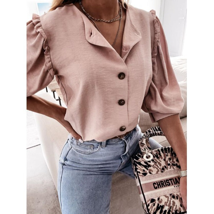 Damer Elegant Blus med Volangdetaljer och Knäppning Mirla-Eva Jonsson