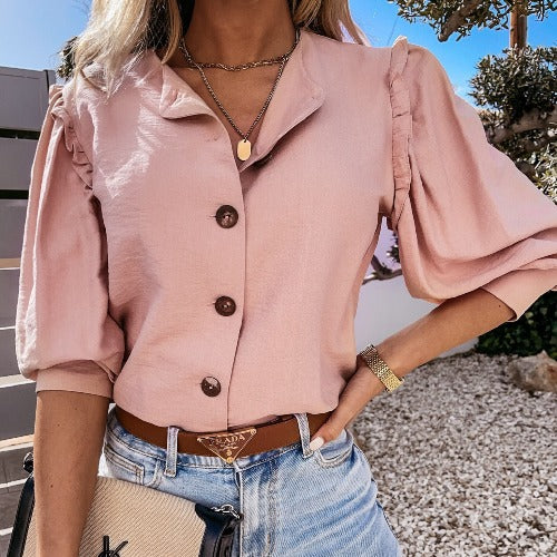 Damer Elegant Blus med Volangdetaljer och Knäppning Mirla-Eva Jonsson