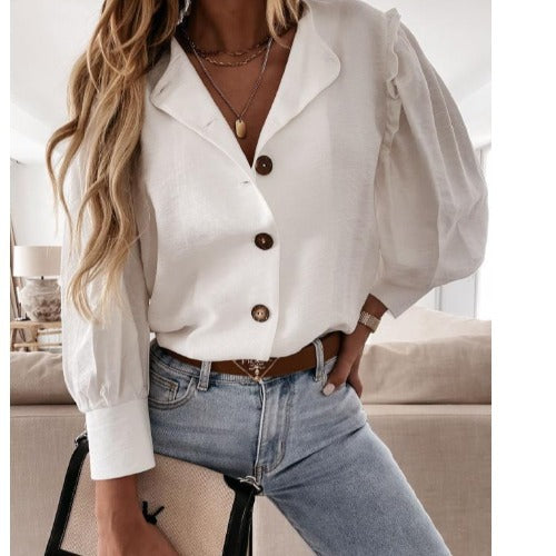 Damer Elegant Blus med Volangdetaljer och Knäppning Mirla-Eva Jonsson