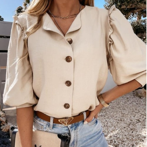 Damer Elegant Blus med Volangdetaljer och Knäppning Mirla-Eva Jonsson
