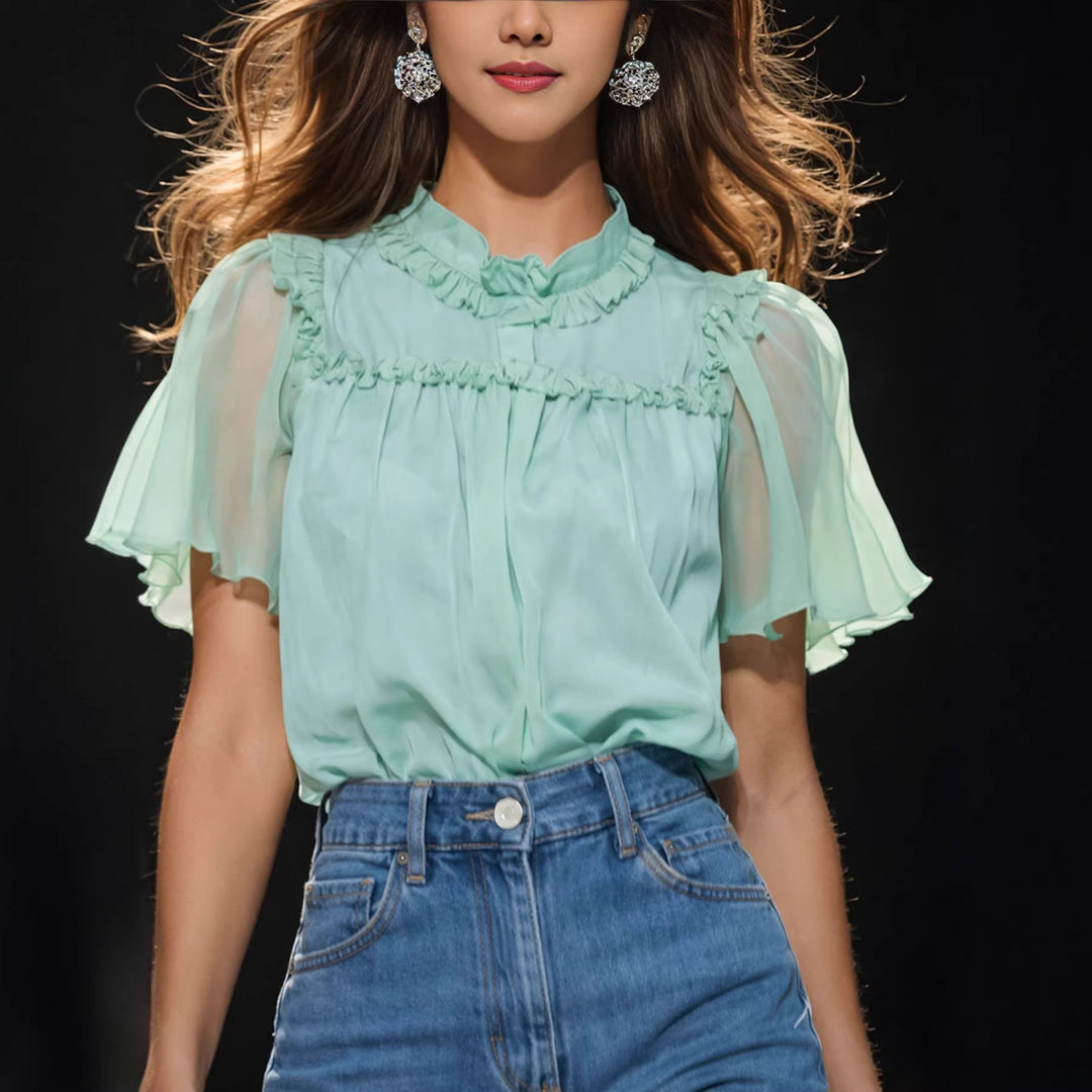 Damer Elegant Blus med Volangdetaljer och transparenta ärmar Mirla-Eva Jonsson