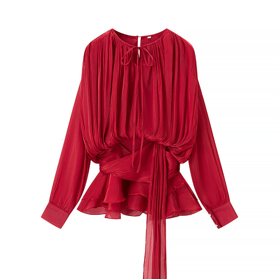 Damer Elegant Blus med Volanger och Knyttbälte Mirla-Eva Jonsson