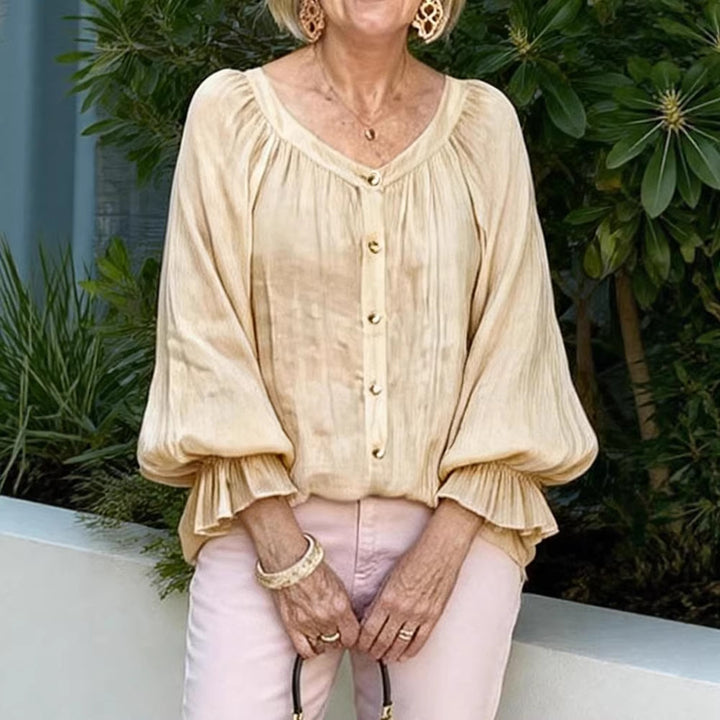 Damer Elegant Blusenshirt med volangärmar och knapplist Mirla-Eva Jonsson
