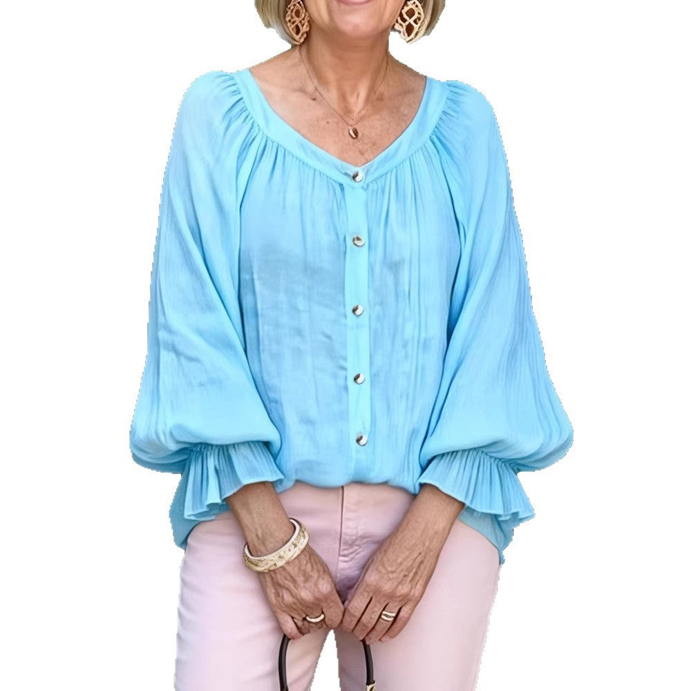 Damer Elegant Blusenshirt med volangärmar och knapplist Mirla-Eva Jonsson