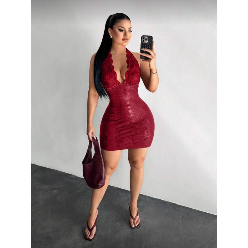 Damer Elegant Bodycon-klänning med spetsdetaljer och djup V-ringning Mirla-Eva Jonsson
