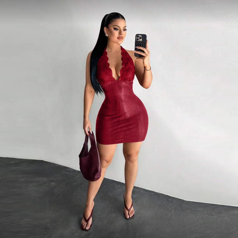 Damer Elegant Bodycon-klänning med spetsdetaljer och djup V-ringning Mirla-Eva Jonsson
