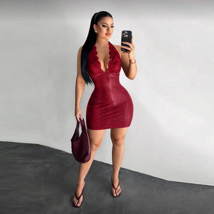 Damer Elegant Bodycon-klänning med spetsdetaljer och djup V-ringning Mirla-Eva Jonsson