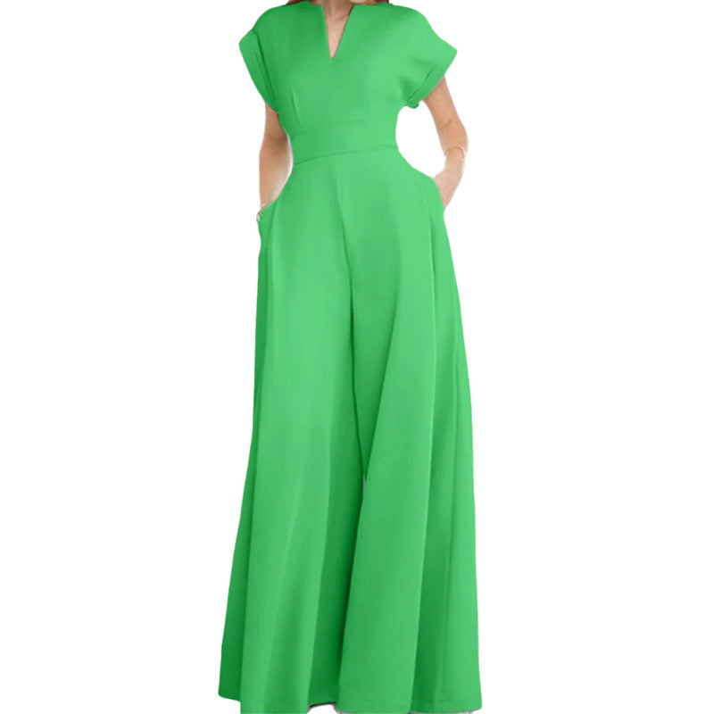 Damer Elegant Bred Jumpsuit med Korta Ärmar och Djup Urringning Mirla-Eva Jonsson