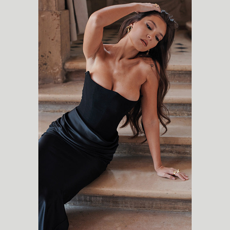Damer Elegant Bustier-Maxiklänning med asymmetrisk drapering och snygg slit Eva Jonsson-Eva Jonsson