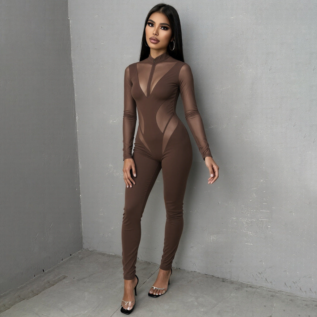 Damer Elegant Catsuit med transparenta insatser och hög krage Mirla-Eva Jonsson