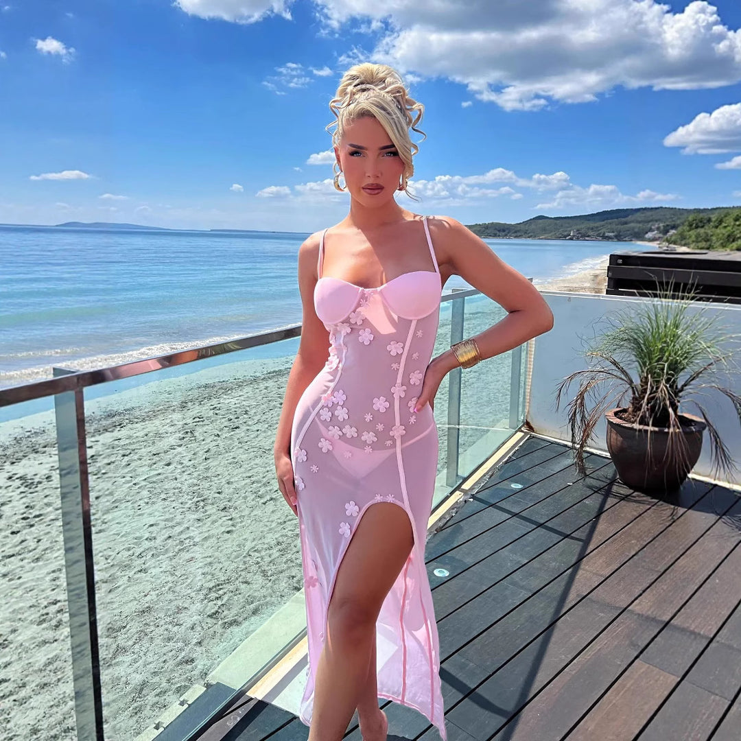 Damer Elegant Chiffon Klänning med blommig spetsdetalj och hög slits Mirla-Eva Jonsson
