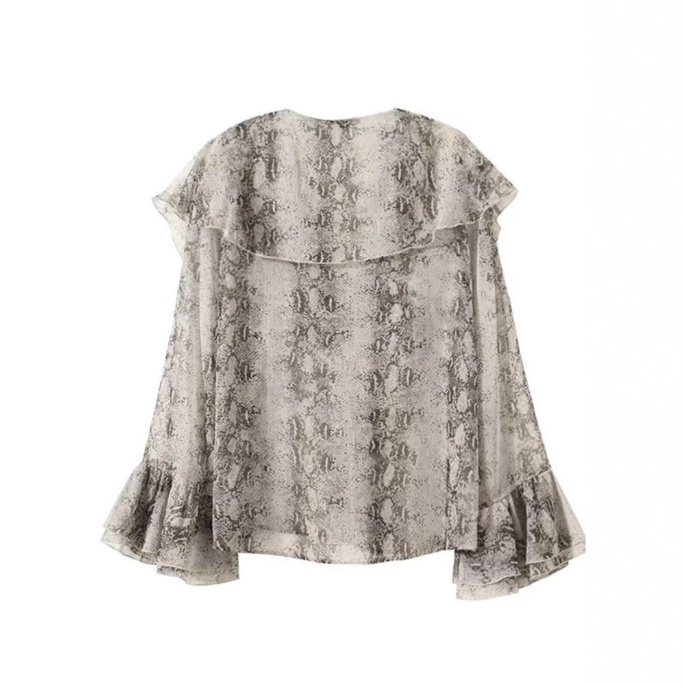 Damer Elegant Chiffon-blus med volanger och ornmotiv Mirla-Eva Jonsson