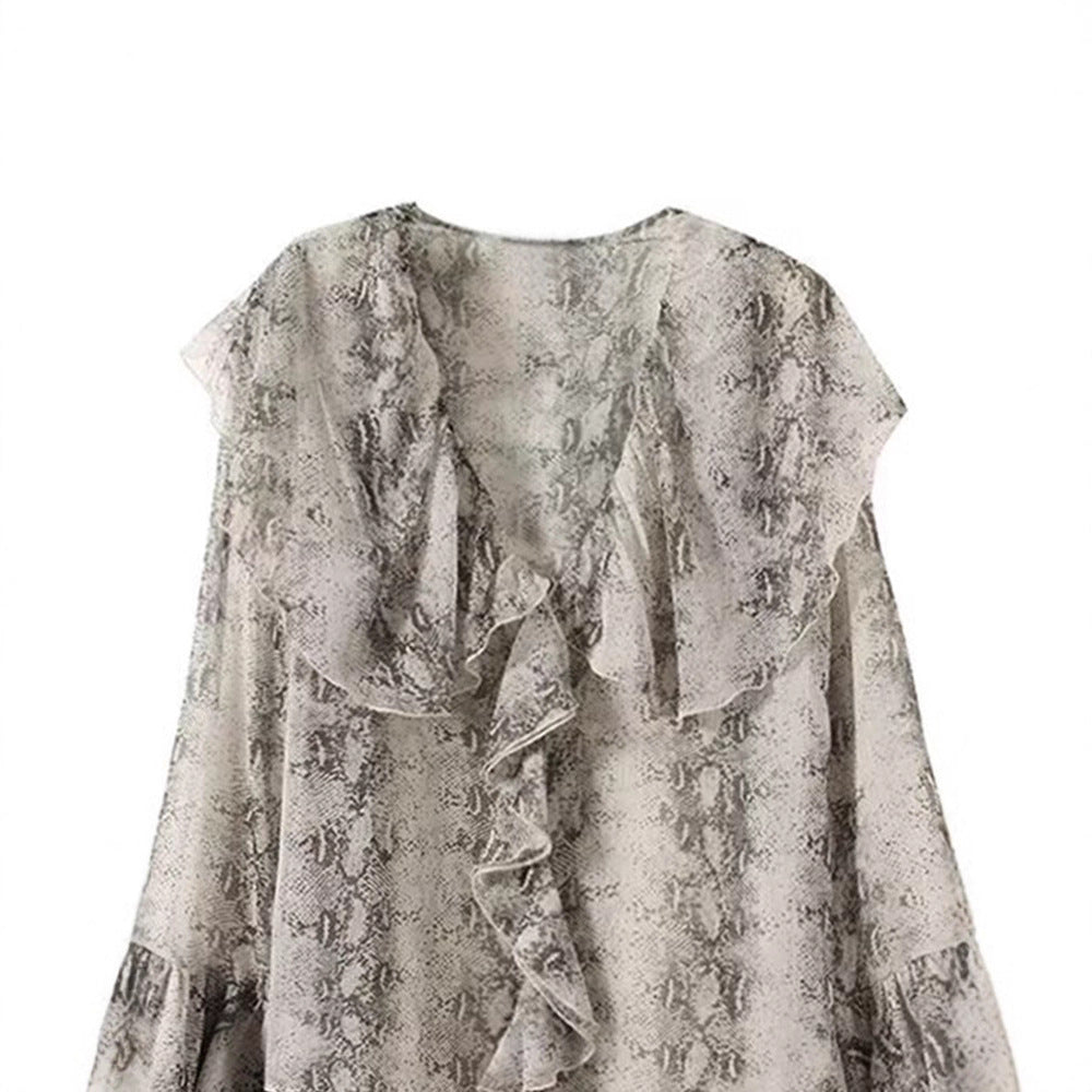 Damer Elegant Chiffon-blus med volanger och ornmotiv Mirla-Eva Jonsson