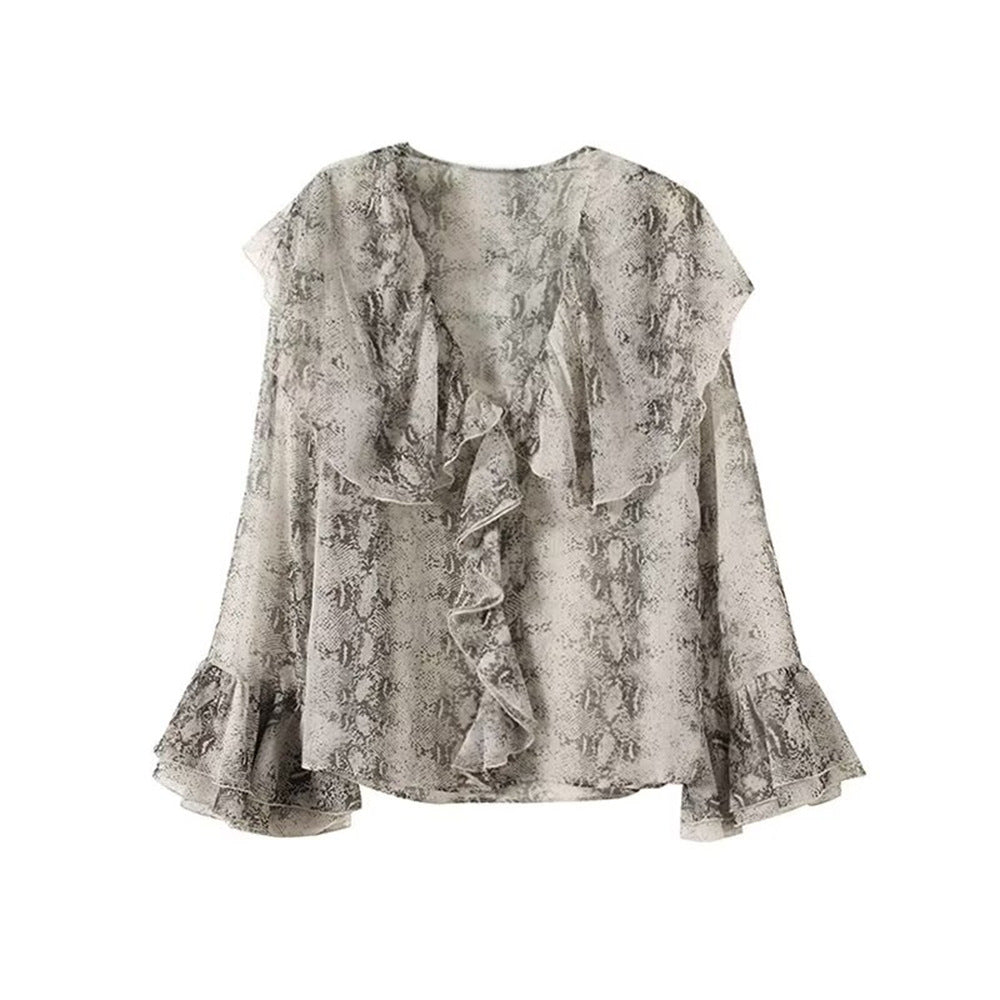 Damer Elegant Chiffon-blus med volanger och ornmotiv Mirla-Eva Jonsson