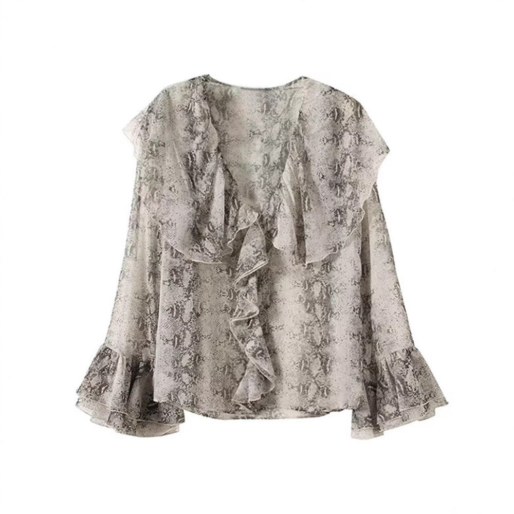 Damer Elegant Chiffon-blus med volanger och ornmotiv Mirla-Eva Jonsson