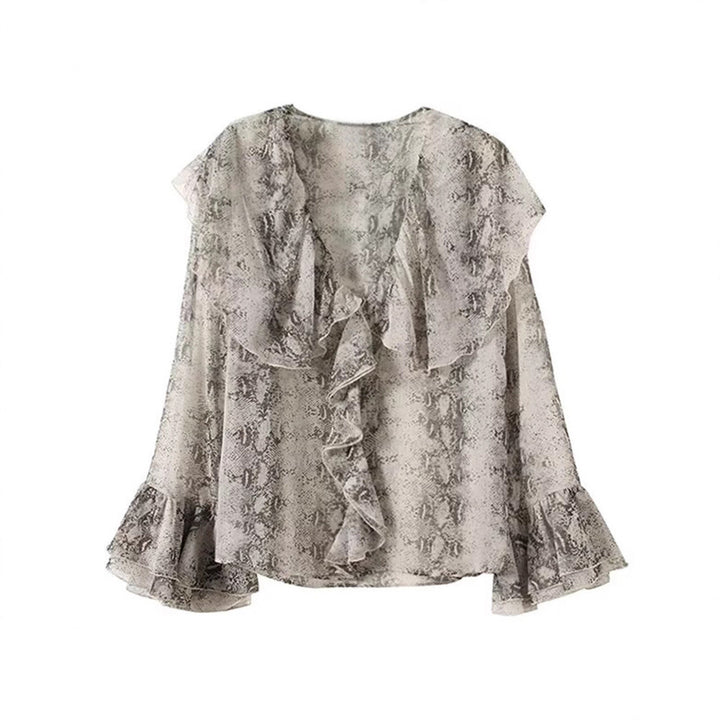 Damer Elegant Chiffon-blus med volanger och ornmotiv Mirla-Eva Jonsson
