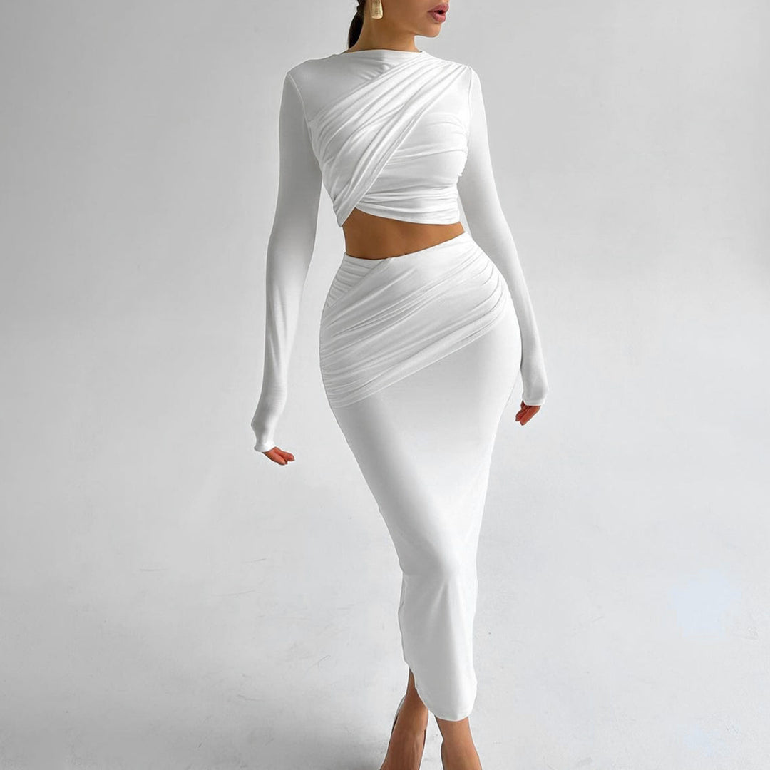 Damer Elegant Crop-Top och Maxikjol Ensemble med Wrapdesign Mirla-Eva Jonsson