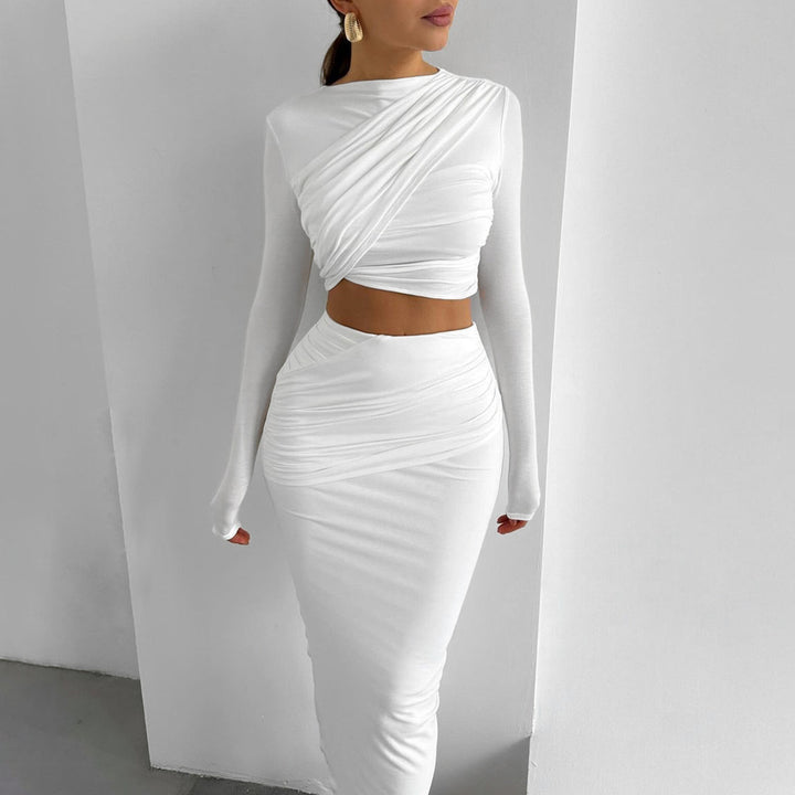 Damer Elegant Crop-Top och Maxikjol Ensemble med Wrapdesign Mirla-Eva Jonsson