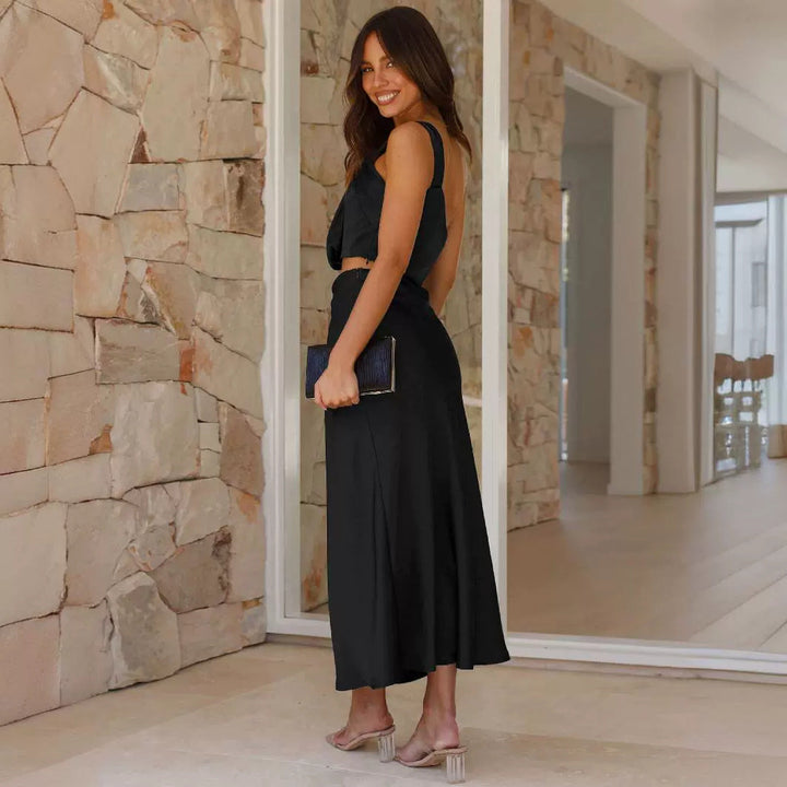 Damer Elegant Crop-Top och Maxikjol Set Av Lyxig Satin Mirla-Eva Jonsson