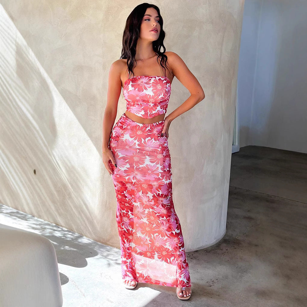 Damer Elegant Crop Top och Maxikjol-Set med blommönster Mirla-Eva Jonsson