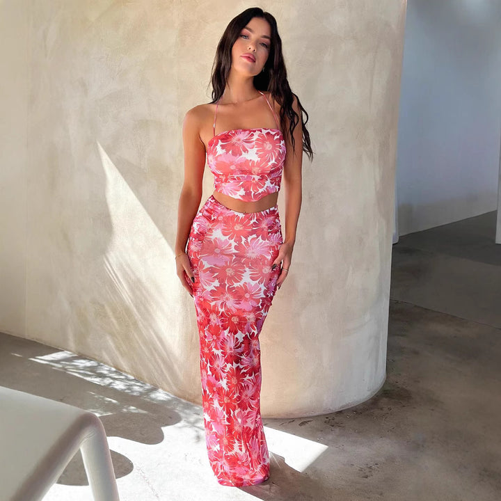 Damer Elegant Crop Top och Maxikjol-Set med blommönster Mirla-Eva Jonsson