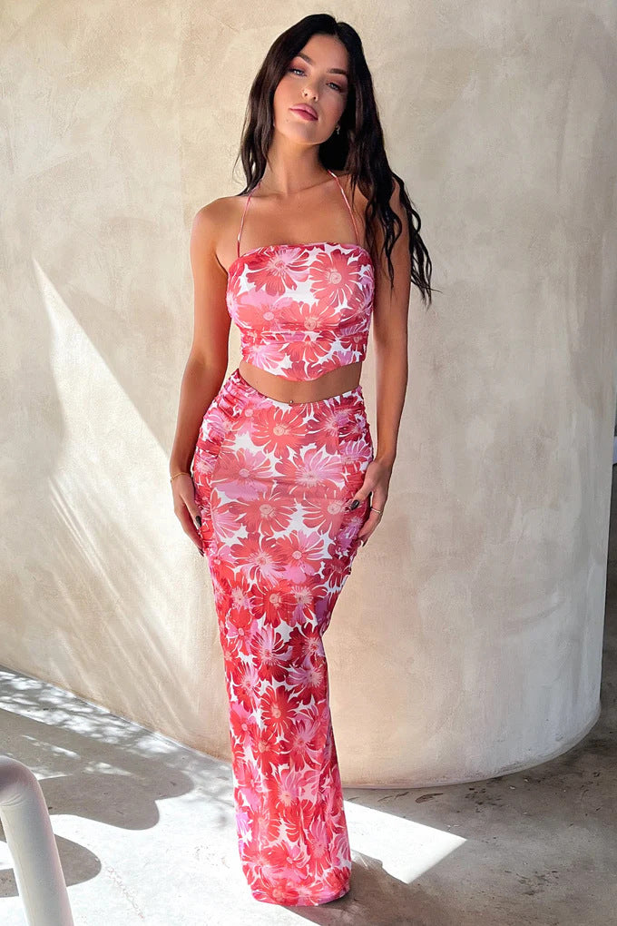 Damer Elegant Crop Top och Maxikjol-Set med blommönster Mirla-Eva Jonsson