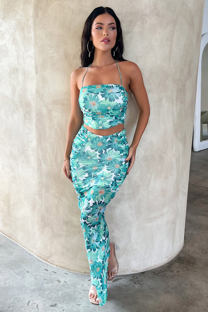 Damer Elegant Crop Top och Maxikjol-Set med blommönster Mirla-Eva Jonsson