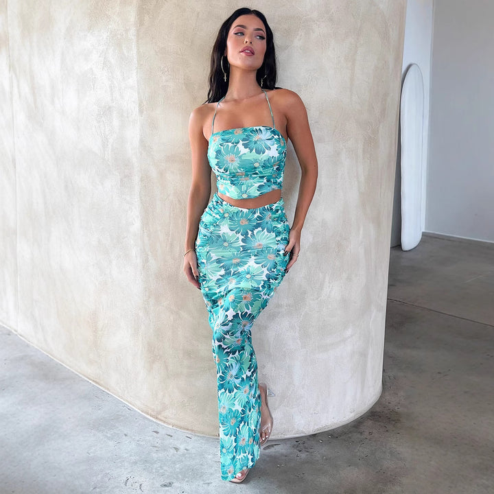Damer Elegant Crop Top och Maxikjol-Set med blommönster Mirla-Eva Jonsson